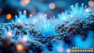 On pebbled ground, tiny bright blue sea anemones sprout beside warm lights