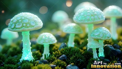 Sprouting from dark moss, small green mushrooms shine with pale light