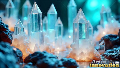Clear crystal towers rise from frosted white bases on dark rock