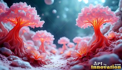 Pink fluffy foliage crowns small red trees across a snowy canyon with lit flowers