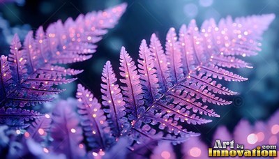 Purple fern leaves spread outward with tiny sparkles of white light