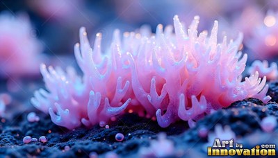 Reaching upward on dark soil, a pink coral fungus branches out