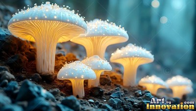 White mushrooms with bright yellow undersides sprout on dark rocky soil