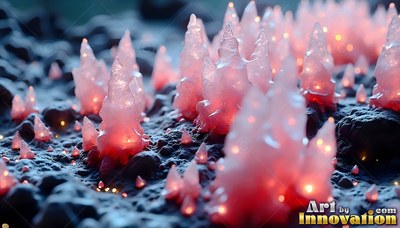 On a dark rocky ground, small pink ice crystals shine with warm inner light