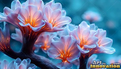 Sprouting from dark stems, pink flowers shine with warm orange light inside