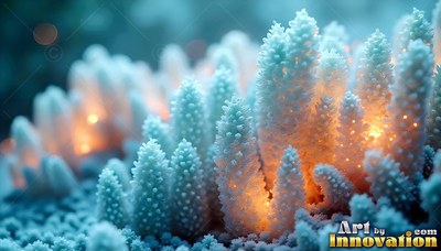 Pale blue frosted sp ires lit with warm orange lights from within