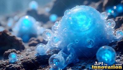 Covered in clear bubbles, a round blue organism rests on dark rough soil