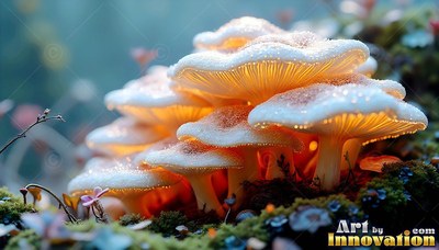 Clustered mushrooms shine softly from beneath white caps dusted with frost