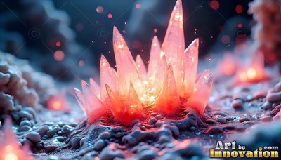 Sprouting upright on stony ground, pink crystal shards shine with warm light