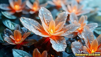 Wet orange and glass-like flowers rest in dark water with bright centers