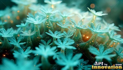 In a dark garden, small teal plants open flat leaves tipped with warm light specks