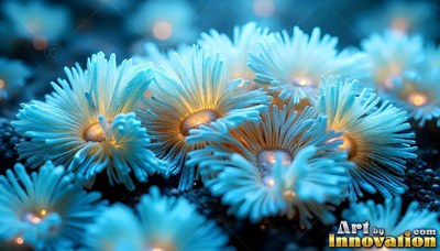 Opening in the dark, pale blue flowers shine with warm orange centers