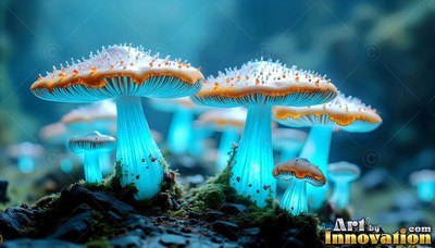 Blue mushrooms with orange caps grow on dark moss