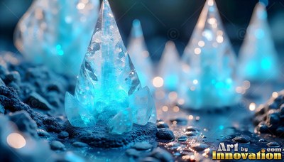 Sharp pointed crystal cones shine blue across dark textured ground under soft bokeh lights