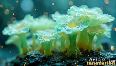 Green trumpet mushrooms sprout from dark soil under scattered specks of warm light