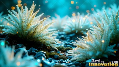 Close up on pale spiky plants growing over wet pebbles in blue light