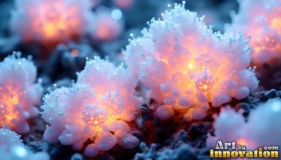 Clusters of white frosty plants shine with warm orange light inside