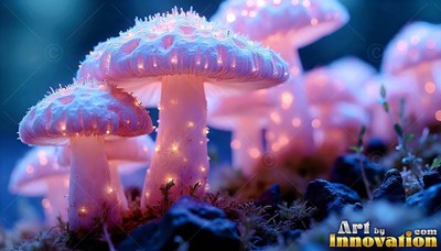 On dark moss, light pink mushrooms shine with tiny dots of light