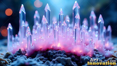 Rising from rough ground, translucent blue and pink crystals shine in soft light