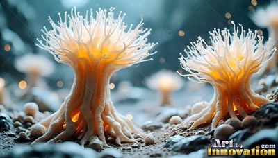 Two sea anemone plants with pale orange light inside on ground