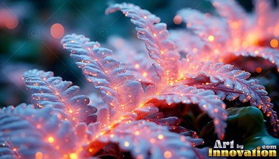 Frosted white fronds on an alien fern shine with tiny orange lights in a dark forest