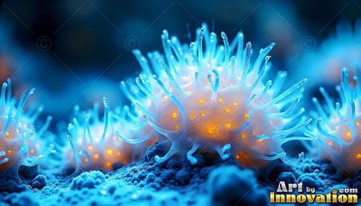 Spiky round sea creatures sprout from the ground, lit by orange spots in blue shadows