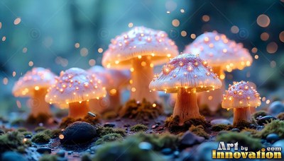 Sprouting low on the dark mossy forest floor, small mushrooms shine with warm light points