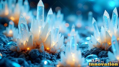 Clear crystal spires shine with warm yellow light on blue ground