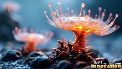 On dark rocky soil, an orange fungus shaped like a sea anemone shines brightly