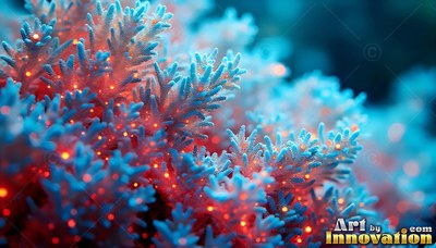 Sprouting tiny orange lights, pale blue coral branches reach into dark water