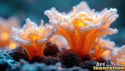 Frosted orange coral flowers on dark soil underwater