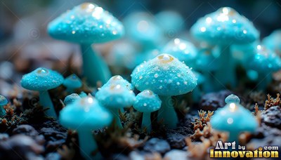 Speckled with bright white spots, small blue mushrooms sprout across the dark soil
