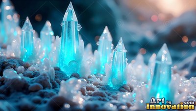 Pointed blue crystals rise from frosted ground with bright cyan light inside them