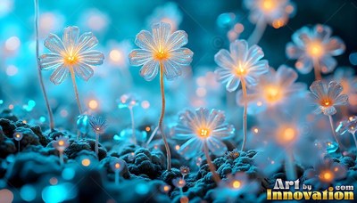 Standing upright in a dark field, clear glass flowers shine with warm yellow centers