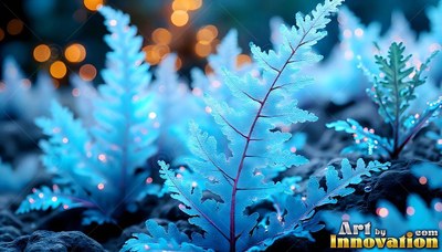 Pale blue ferns with tiny lights sit against dark soil with blurred lights behind them