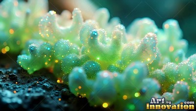 On dark soil, pale green coral-shaped moss sparkles with tiny specks of light