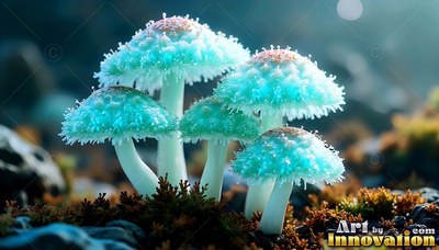 Sprouting from dark moss, bright cyan frosted mushrooms shine in soft light