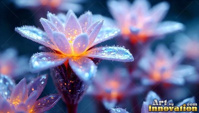 Dewdrops on pale blue petals of an alien flower lit with warm orange centers in dark blue air