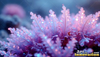 Pale pink fern fronds sprout upward with tiny sparkling blue dots of light