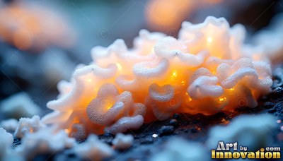 Sprawled low on dark ground, ruffled white fungus shines with warm light inside