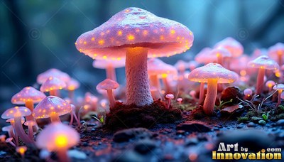 Pink mushrooms with warm yellow spots shining on dark forest ground