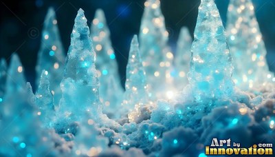 On snowy ground, light blue ice spires sparkle under soft bright lights