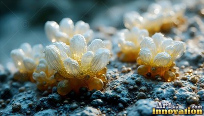 Sprouting on rough stone, frosted white blossoms open over amber beads