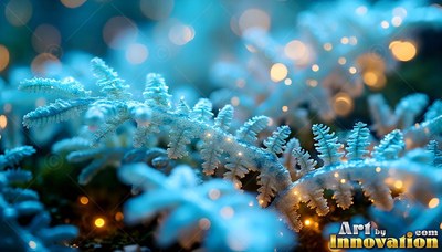 Pale blue frosted fern leaves shine near small warm lights