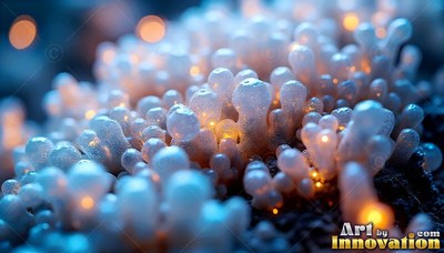 Round frosted tips cap clusters of pale blue fungi in a dark field dotted with warm lights