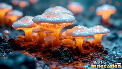 Frosted mushrooms sprout from dark soil with bright orange light shining under their caps