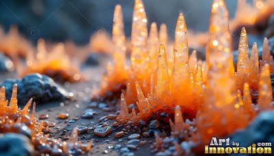Pointed upright on dark rocky ground, clusters of orange crystal spires shine in sunlight