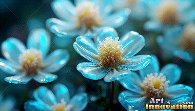 Tiny glassy blue flowers with fuzzy yellow centers grow together in soft light