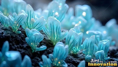 On dark rocky ground, small pale blue flowers sprout with bright spots of light