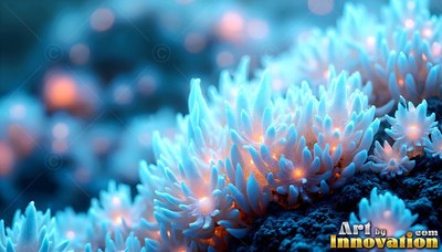 Sprouting on dark ground, pale blue succulents shine with warm orange light inside